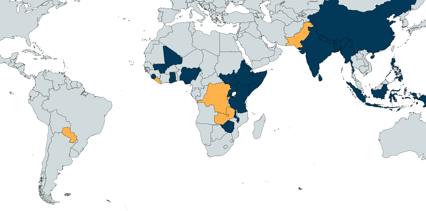 Map of new countries in Asia, South America and Africa that Cure Blindness Project is expanding to